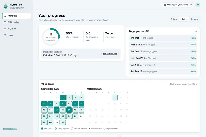 The Member Portal: progress, days to fill in, and a calendar of logged days