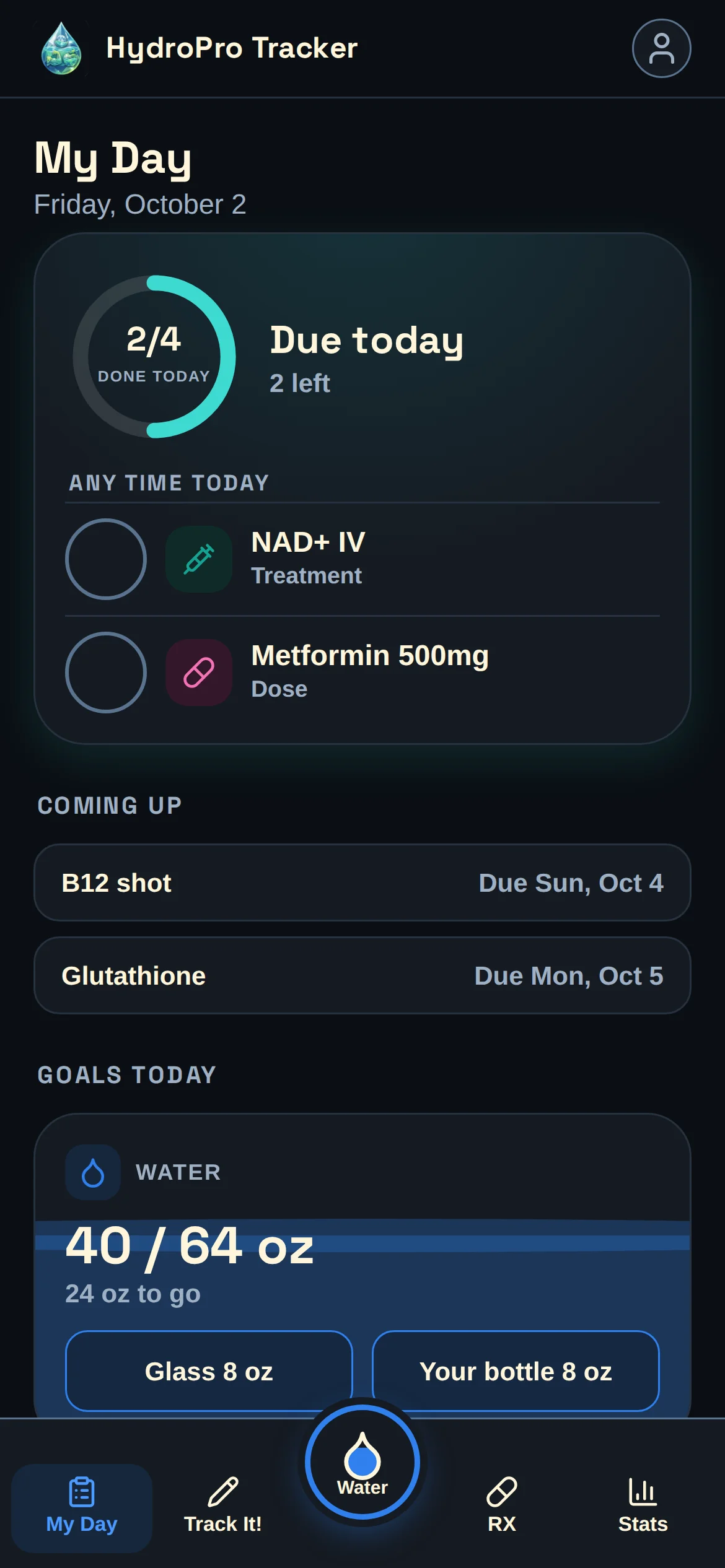 HydroPro Tracker's My Day: today's doses with a progress ring, what's coming up, and the water goal